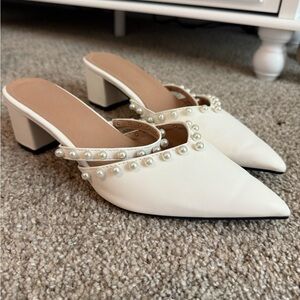 Elegant Pearl-Embellished White Mules